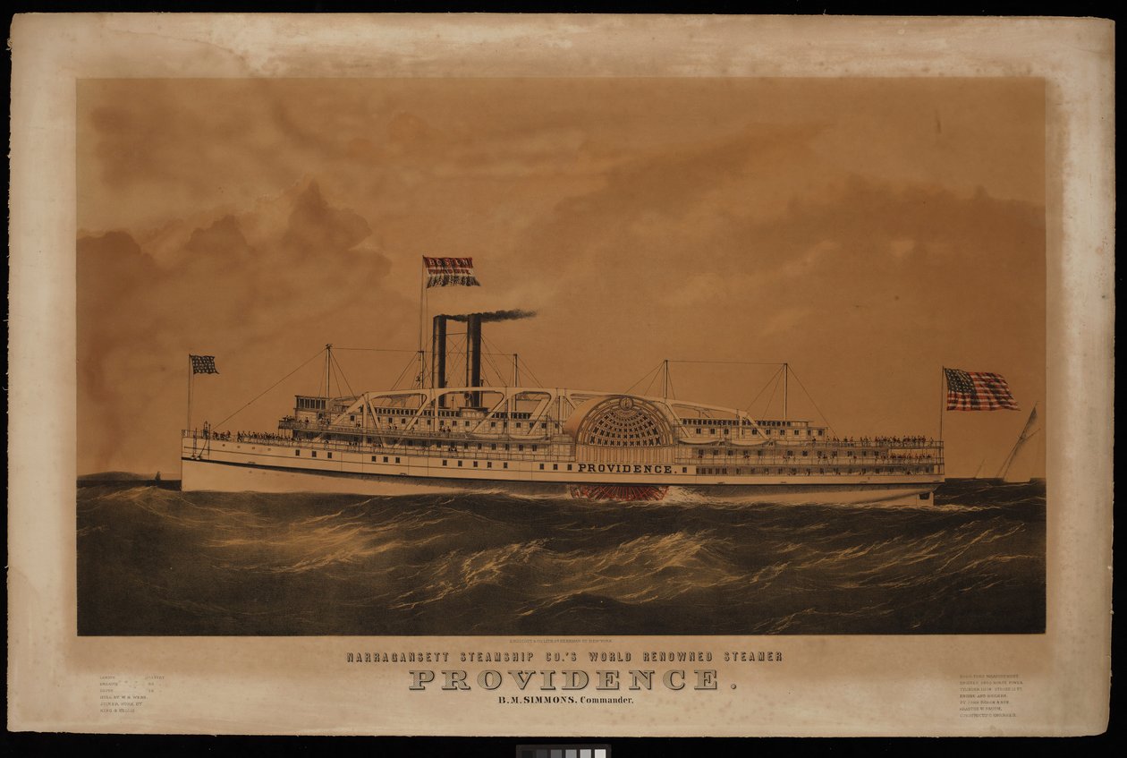 O mundialmente famoso navio a vapor Providence BM Simmons, da Narragansett Steamship Co. Comandante... (litografia, colorida) de Endicott Endicott