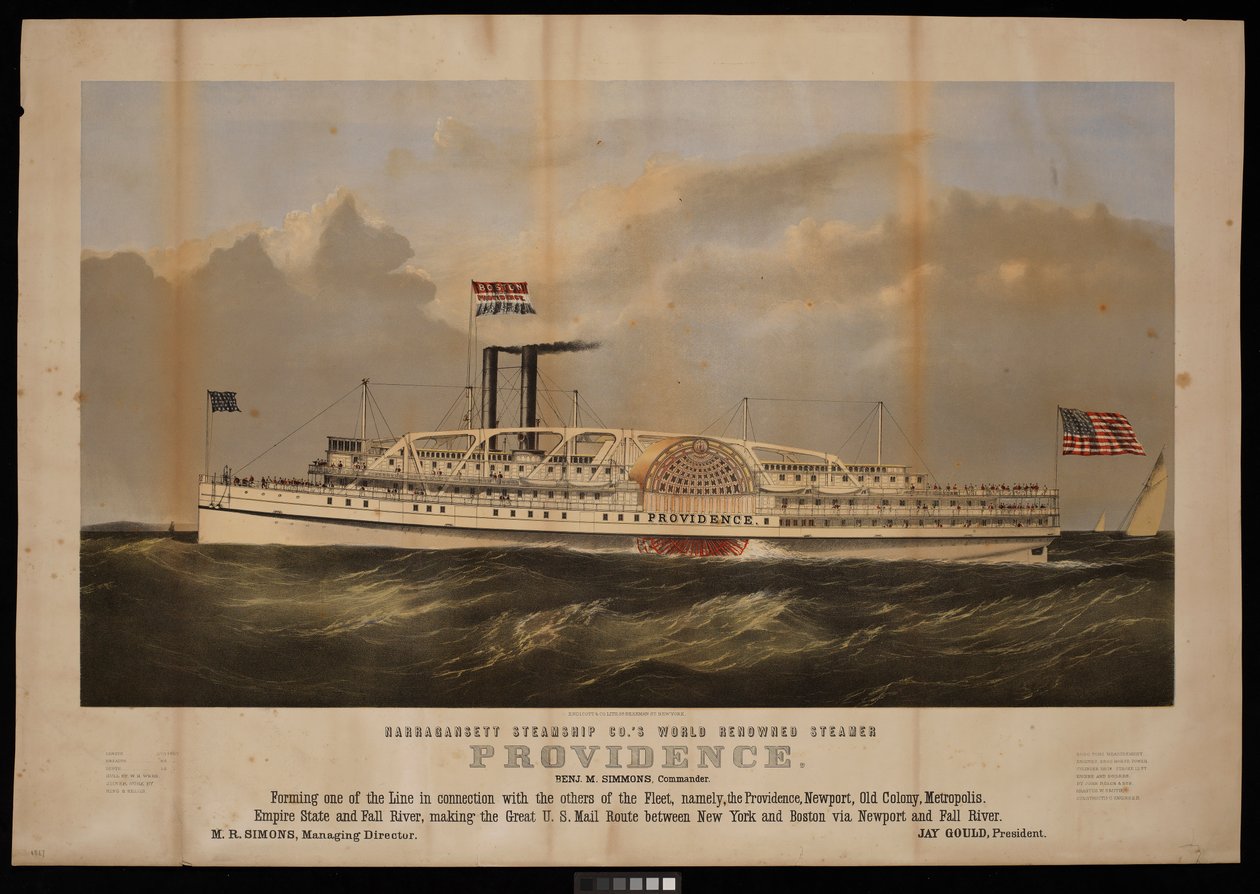 O navio a vapor de renome mundial da Narragansett Steamship Co., Providence, Benj M. Simmons. Comandante... (litografia) de Endicott Endicott