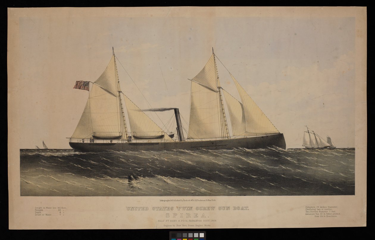 Barco de canhão de parafuso duplo dos Estados Unidos. Spirea. Construído por Saml H Pouk Fairhaven Conn. 1864... (litografia, colorida) de Endicott Endicott