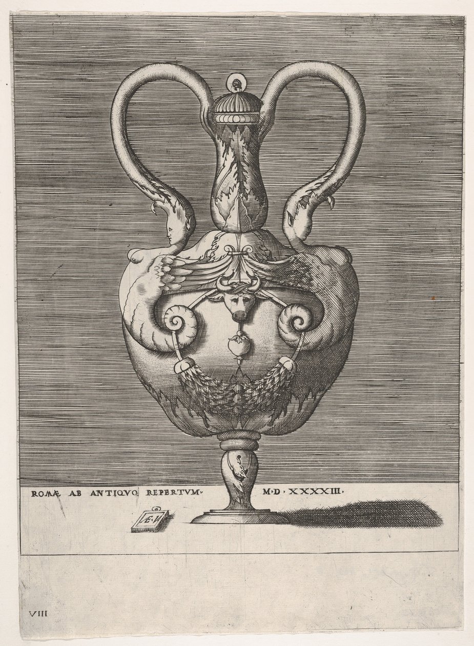 Vaso com tampa antigo com duas alças emergentes das cabeças de fêmea híbrida Sph ..., 1543 ou depois. de Enea Vico