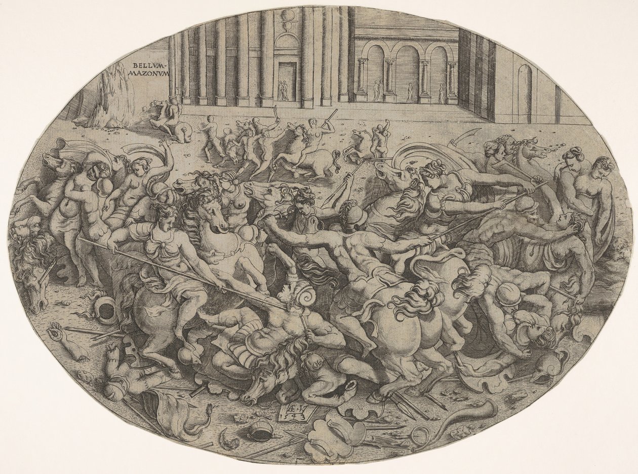 Combate entre amazonas e homens em frente a arcadas arquitetônicas, uma composição oval com ..., 1543. de Enea Vico