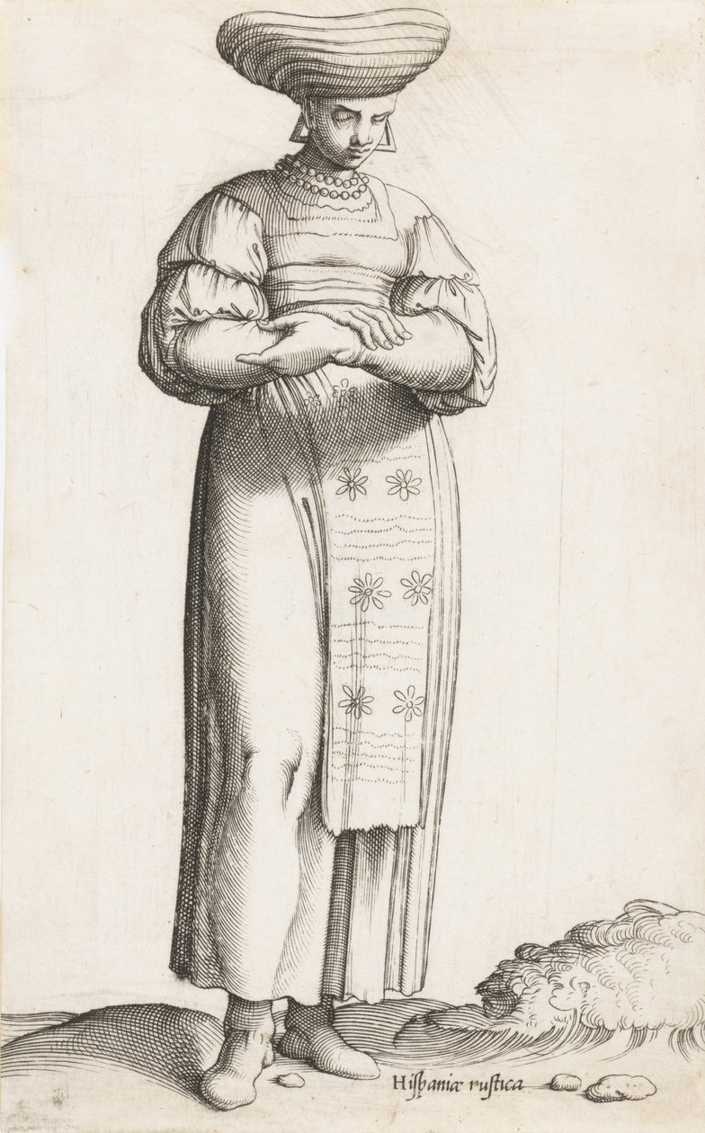Prato do Traje: Hispania Rustica mul. com etiqueta no chão, ca. 1557-58. de Enea Vico
