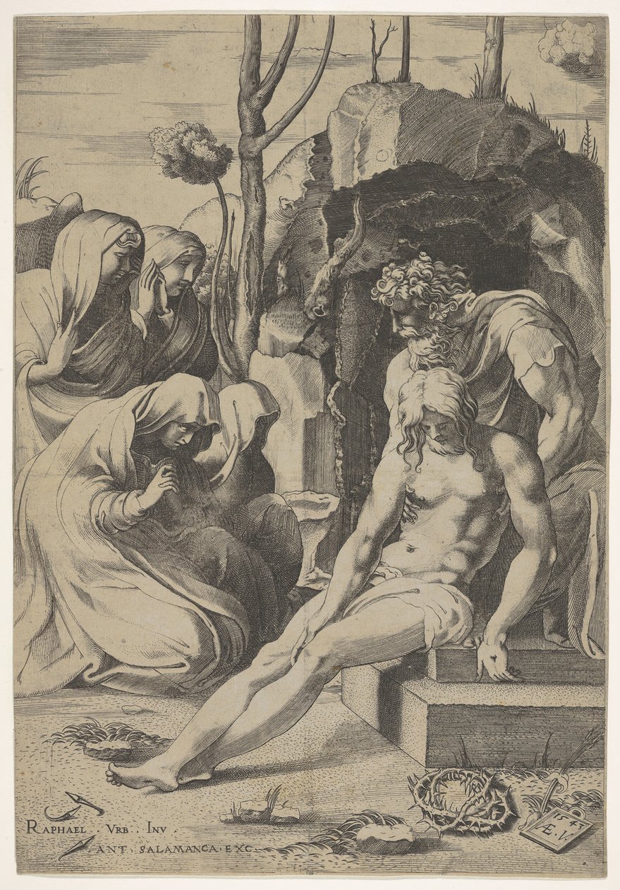 Enterro de Cristo, cujo peito é agarrado por José de Arimatéia, com dois ajoelhados e ..., 1543. de Enea Vico
