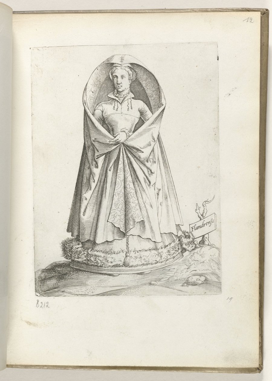 Flandrensis (título sobre o objecto)
Uma mulher da Flandres, vestida de acordo com a moda de c. 1550
Diversarum gentium nostrae aetatis habitus (título da série) de Enea Vico