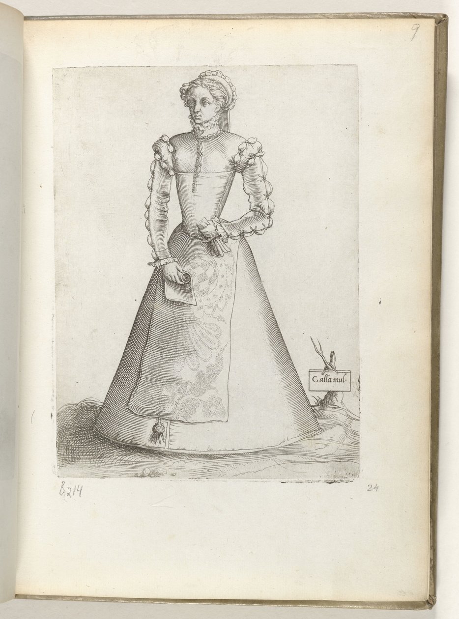 Galla mul(ier) (título sobre o objecto)
Uma mulher casada de França, vestida segundo a moda de c. 1550
Diversarum gentium nostrae aetatis habitus (título da série) de Enea Vico