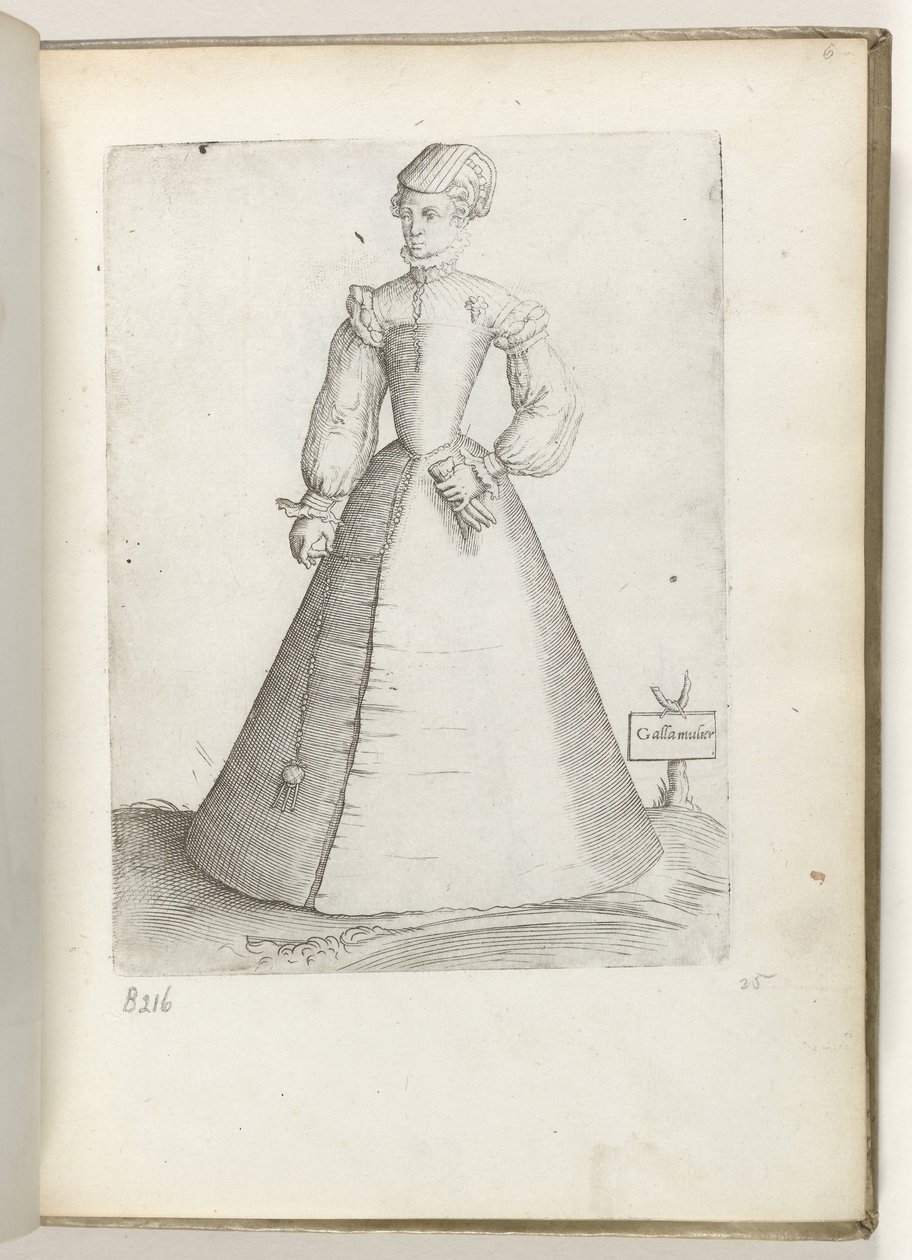 Galla Mulier (título no objeto) Uma mulher casada da França, vestida à moda de cerca de 1550 Diversário gentium nostrae aetatis habitus (título da série) de Enea Vico