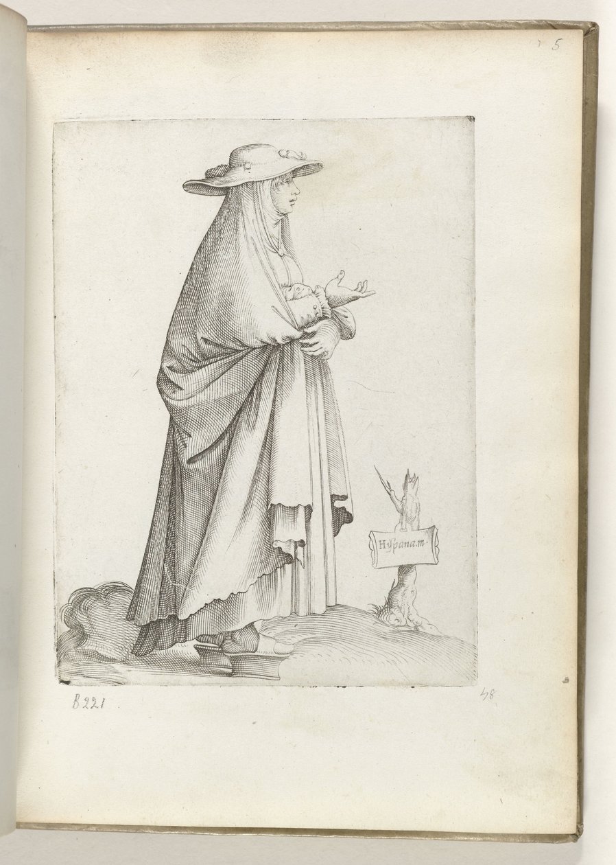 Espanhol m(ulier) (título no objeto) Vrouw naar rechts, em kleding espanhol. cerca de 1550 As Atitudes de Diferentes Nações de Nossa Era (título da série) de Enea Vico