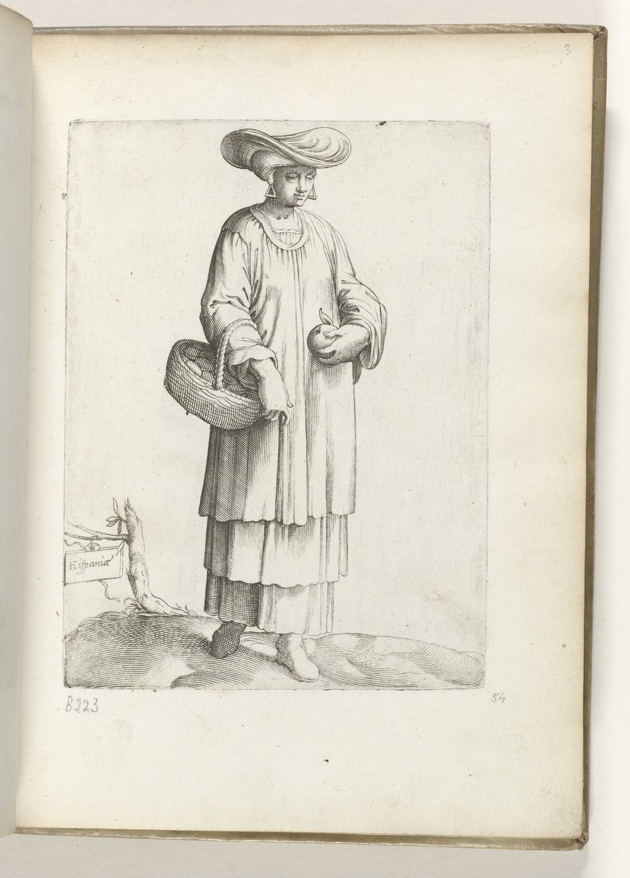 Hispaniae (título sobre o objecto)
Mulher com cesto em vestido espanhol. ca. 1550
Diversarum gentium nostrae aetatis habitus (título da série) de Enea Vico