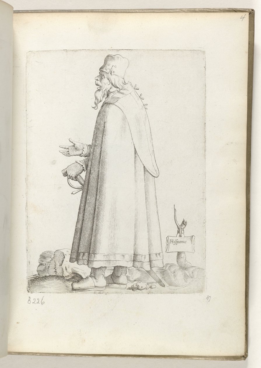 Hispanus (título sobre o objecto)
Velho, virado para a esquerda, em vestido espanhol. ca. 1550
Diversarum gentium nostrae aetatis habitus (título da série) de Enea Vico