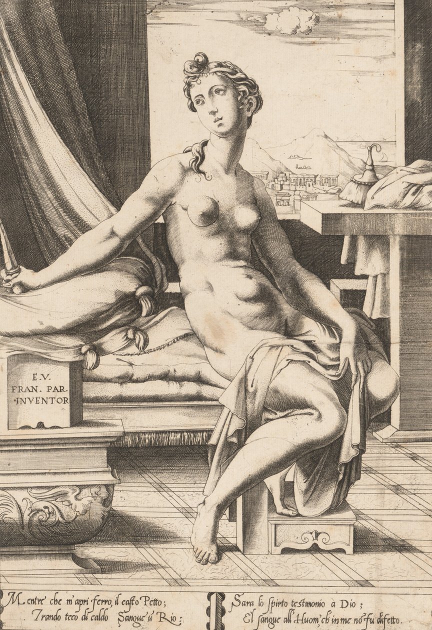 Lucretia se preparando para se matar, ca. 1542. de Enea Vico