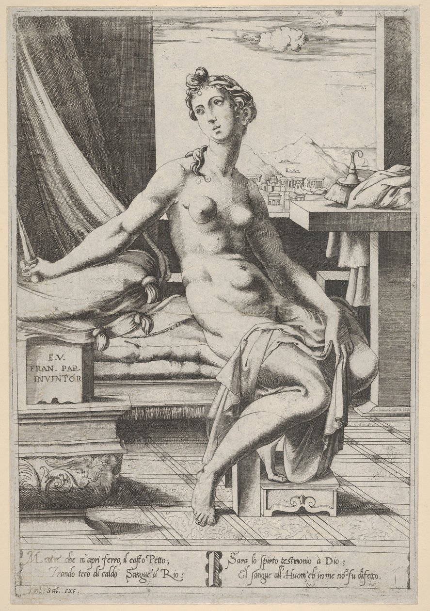 Lucretia nua e sentada diante de uma janela, uma adaga na mão direita e segurando d ..., ca. 1535-67. de Enea Vico