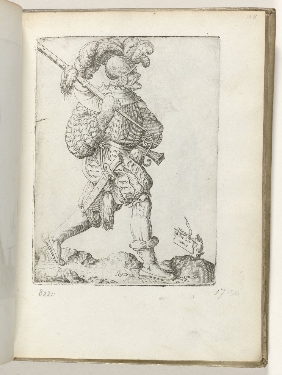 Soldado alemão (título no objeto) Duitse soldaat, gekleed volgens de mode van ca. 1550 As Atitudes de Diferentes Nações de Nossa Era (título da série) de Enea Vico