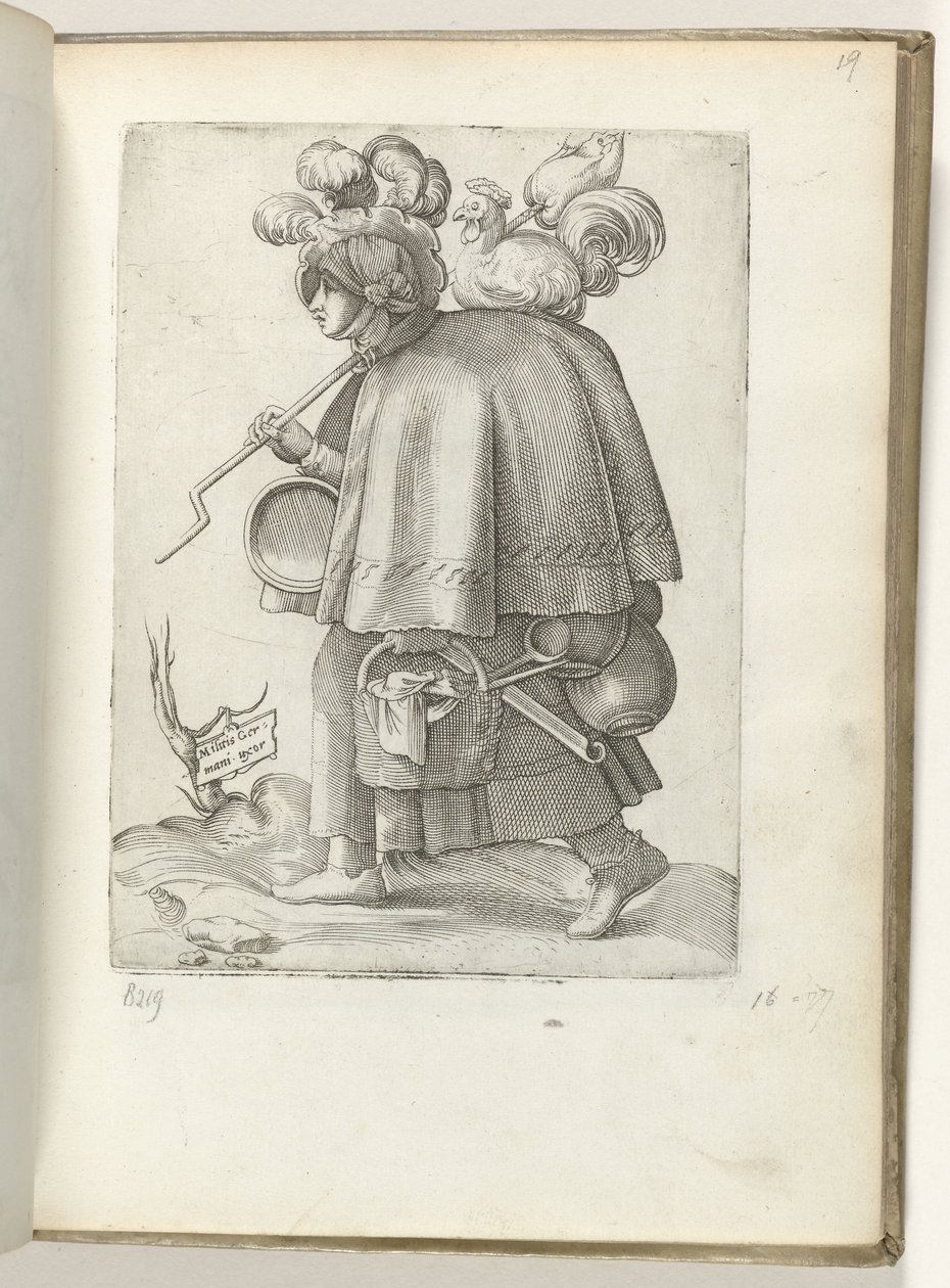 Militis Germani uxor (título sobre o objecto)
Mulher de soldado alemão, vestida segundo a moda de c. 1550
Diversarum gentium nostrae aetatis habitus de Enea Vico