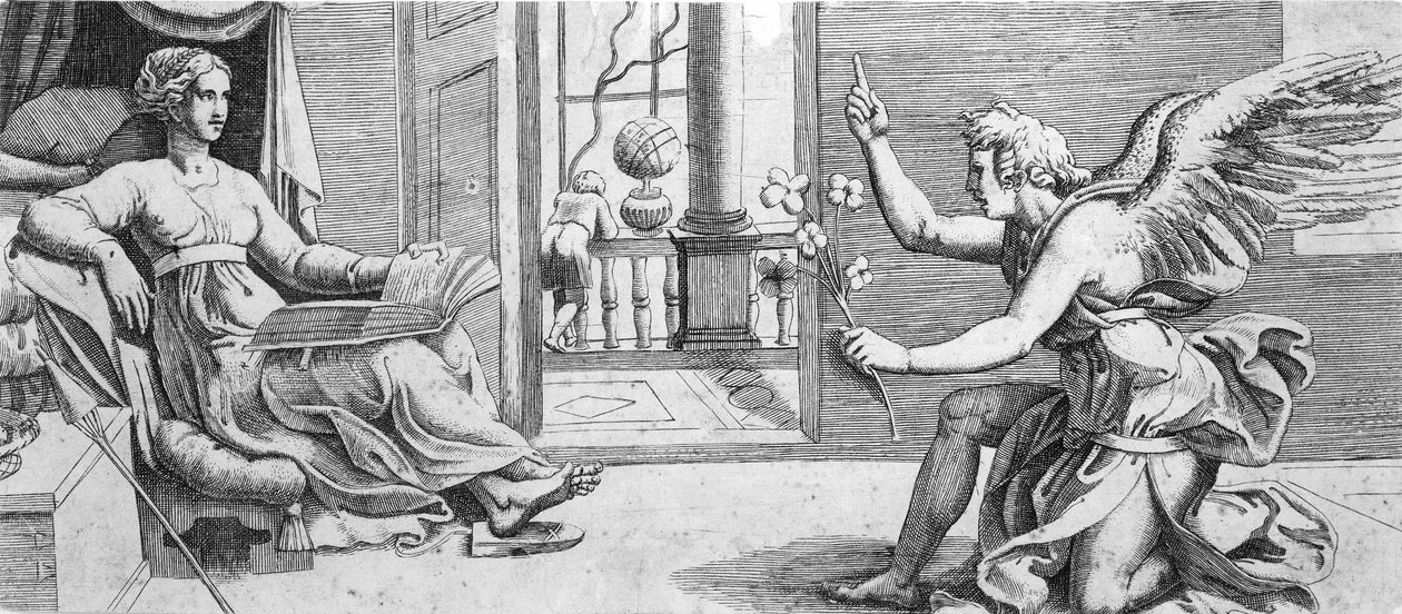 A Anunciação com Anjo Ajoelhado, c. 1540-41. de Enea Vico.