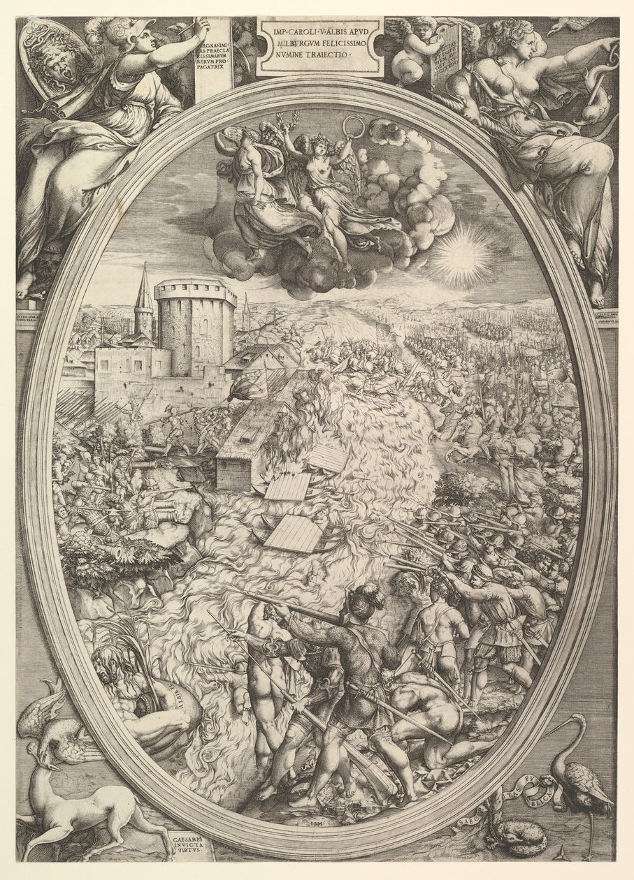 A Batalha de Mühlberg com o exército de Carlos V atravessando o rio Elba, 1551. de Enea Vico