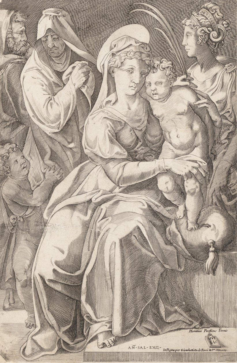 A Sagrada Família com Santa Ana e Santa Catarina, 1542, publicado 1627-50. de Enea Vico