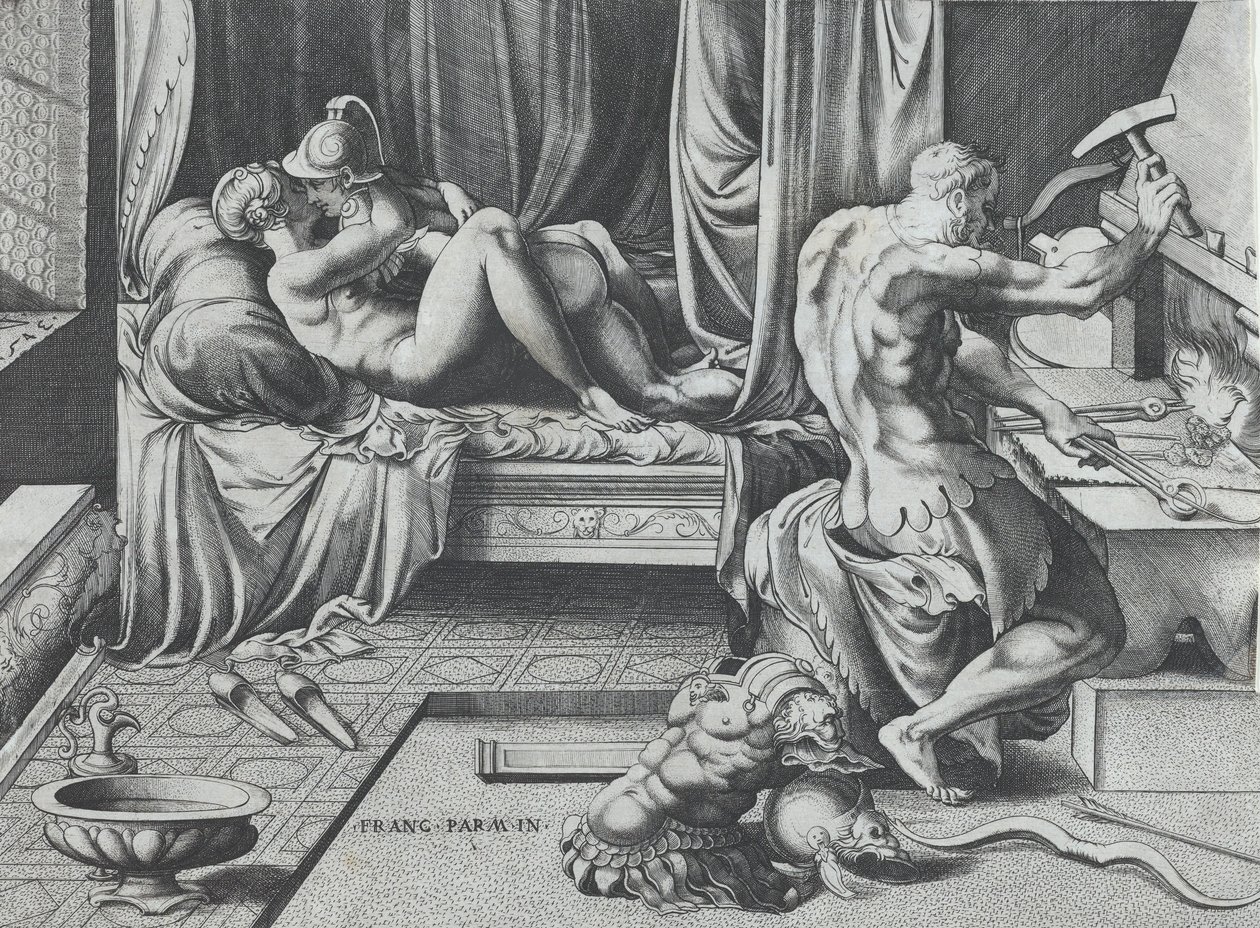Vênus e Marte se abraçando enquanto Vulcano trabalha em sua forja, 1543. de Enea Vico