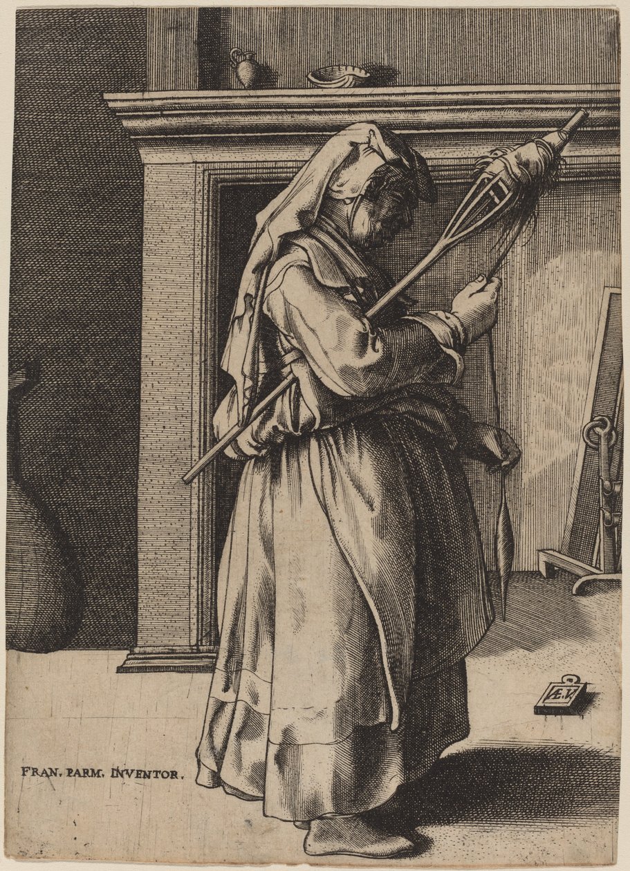 Mulher velha com uma roca de Enea Vico after Parmigianino