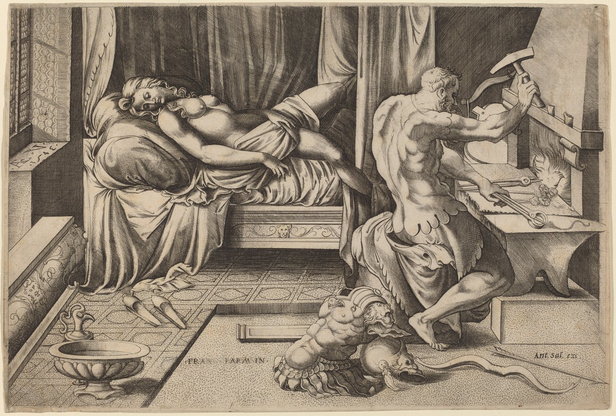 Vênus reclinado com Vulcano em sua forja de Enea Vico after Parmigianino