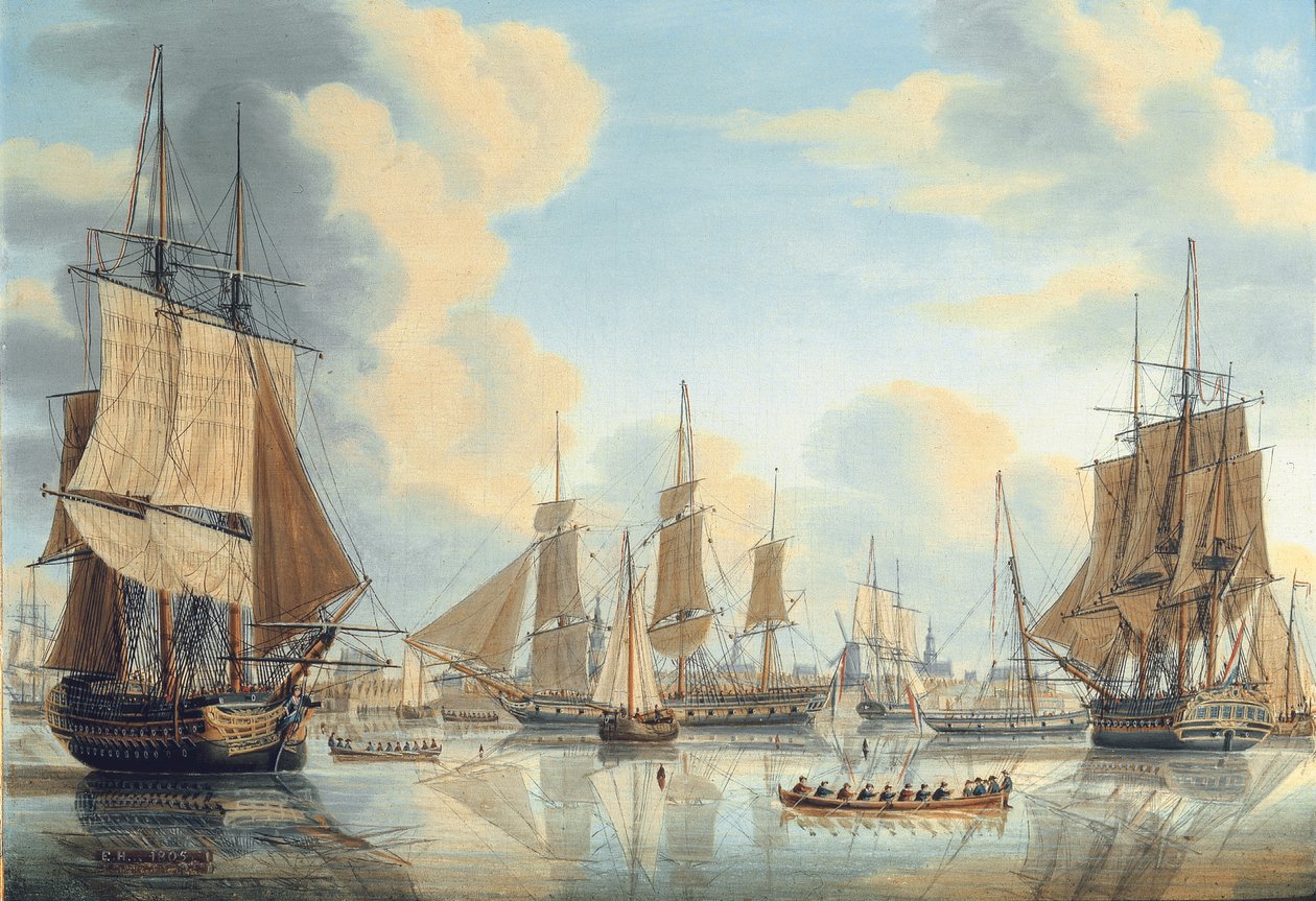A frota bataviana sob o comando do vice-almirante Carel Hendrik Verhuell em Flushing de Engel Hoogerheyden