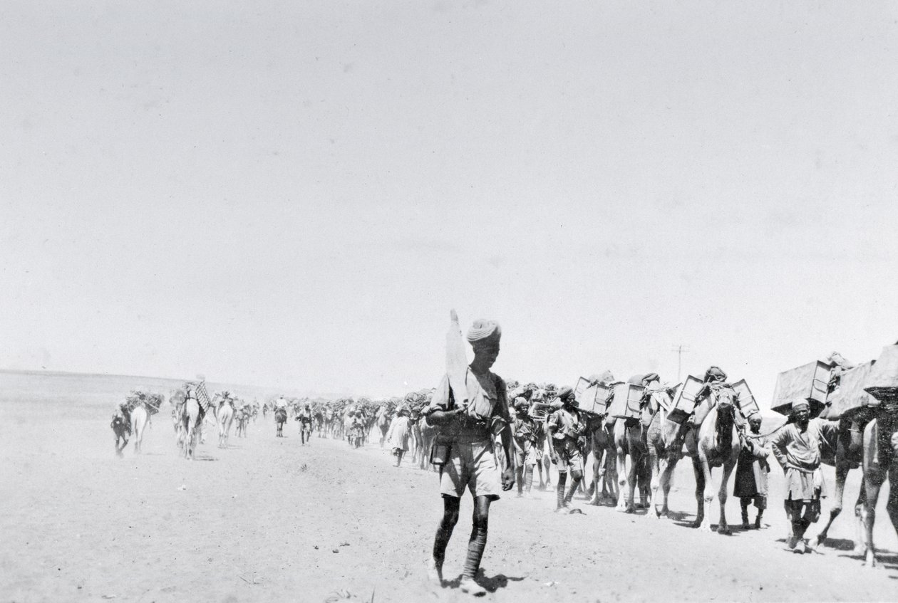 Um trem de abastecimento de camelos na Mesopotâmia durante a Primeira Guerra Mundial, de um álbum compilado pelo tenente Kindom de English Photographer