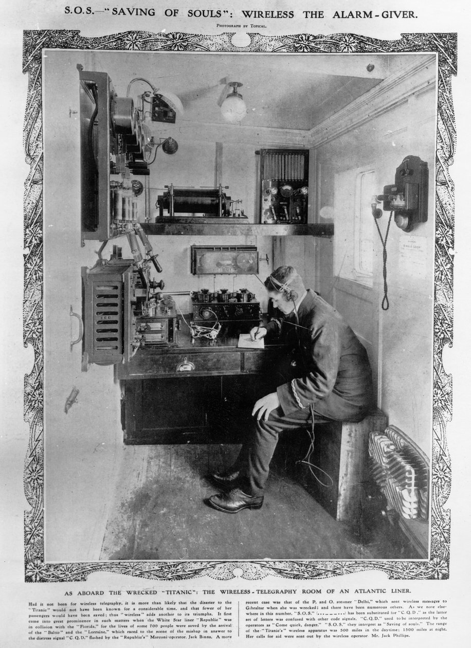 Como a bordo do Titanic destroçado: A sala de telegrafia sem fio de um Atlântico Liner, ilustração de "The Illustrated London News", 20 de abril de 1912 de English Photographer