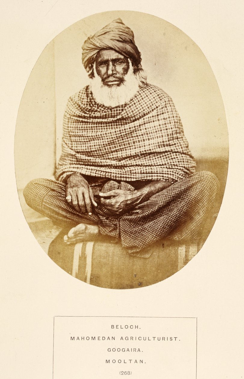 Beloch, Mahomedan Agricultor, Googaira, Mooltan, de The People of India, de J. Forbes Watson, publicado em 1868 (impressão de albume) de English Photographer