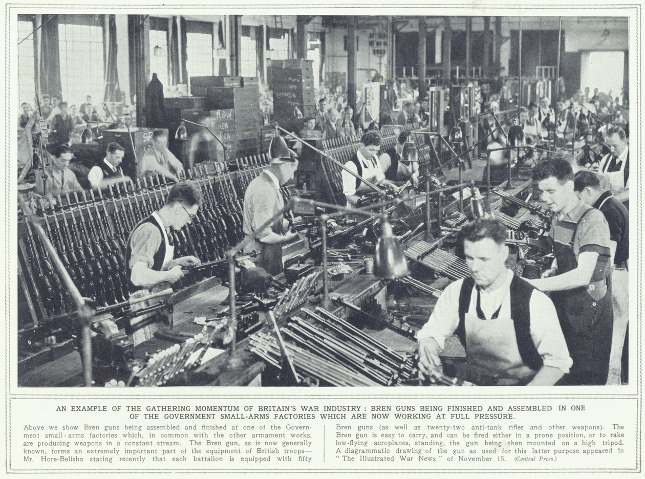 Armas de Bren sendo finalizadas e montadas em uma das fábricas de armas pequenas do governo, do The Illustrated War News, publicado em 22 de novembro de 1939 de English Photographer