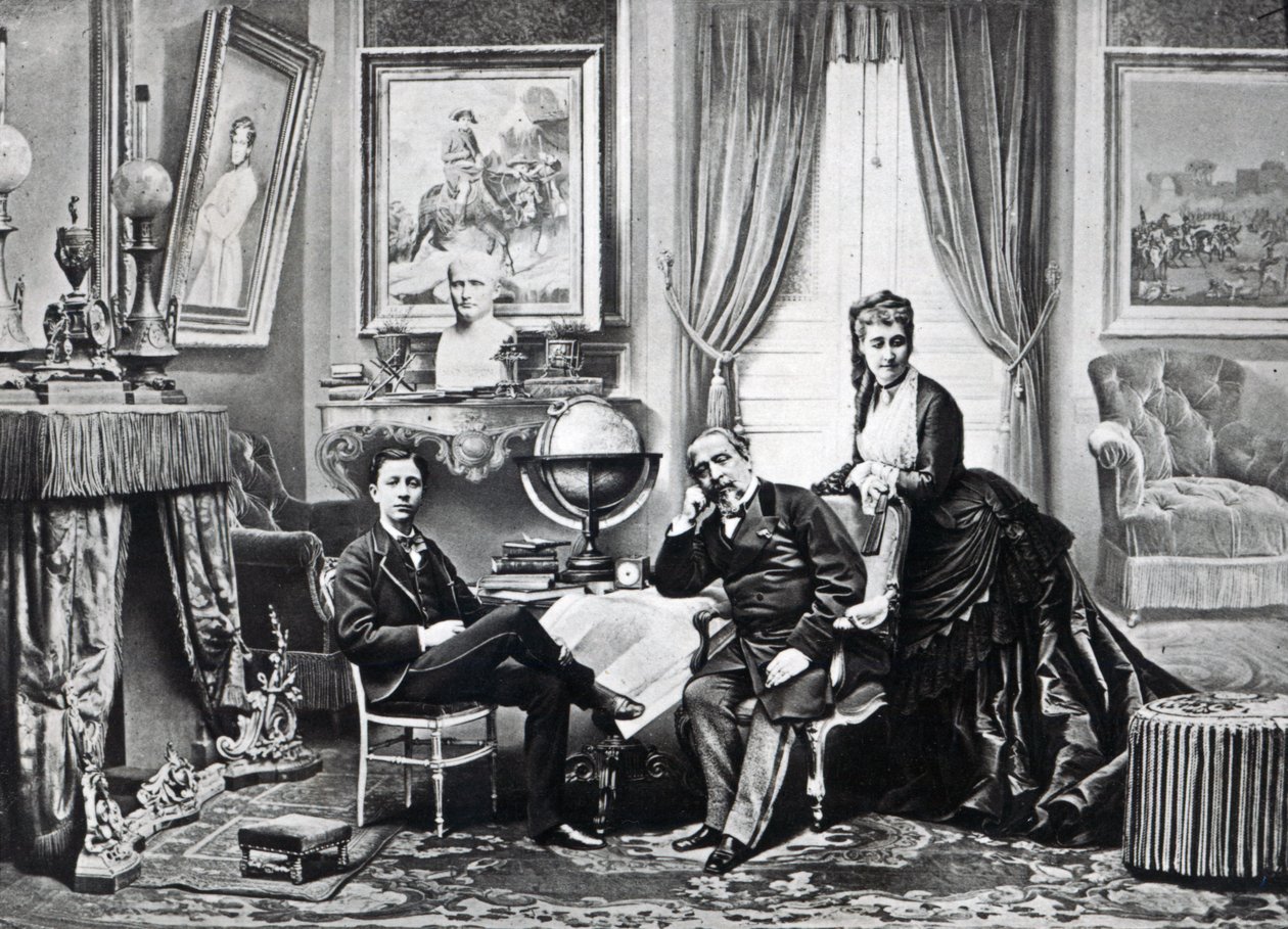 Imperador Napoleão III com a Imperatriz Eugenie e o príncipe imperial em Camden Place, Chislehurst em 1872 de English Photographer