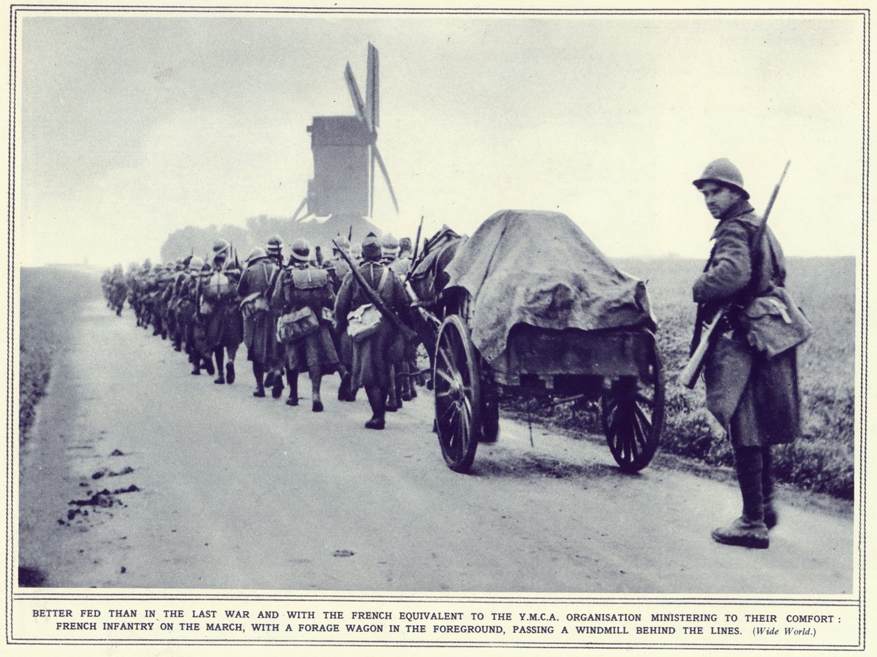 Infantaria francesa em marcha, com carroça de forragem em primeiro plano, do The Illustrated War News, publicado em 22 de novembro de 1939 de English Photographer