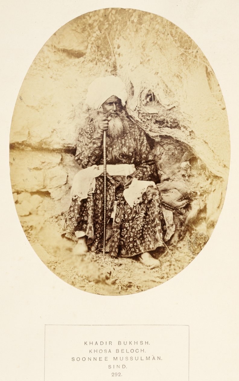 Khadir Bukhsh, Khosa Beloch, Soonnee Mussulman, Sind, de The People of India, por J. Forbes Watson, publicado em 1868 (impressão de albume) de English Photographer