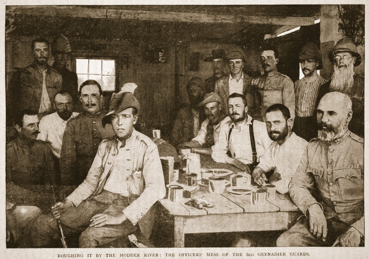 Desbaste pelo Rio Modder: a bagunça dos oficiais da 3ª Guarda de Granadeiros, ilustração de Batalhas do Século XIX, vol. VI: A Guerra dos Bôeres de 1899-1900 por Archibald Forbes, GA Henty de English Photographer