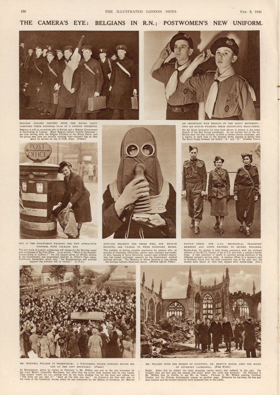 O olho das câmeras: Belgas no RN; Uniforme novo de Postwomens, da notícia ilustrada de Londres, o 8 de fevereiro de 1941 de English Photographer