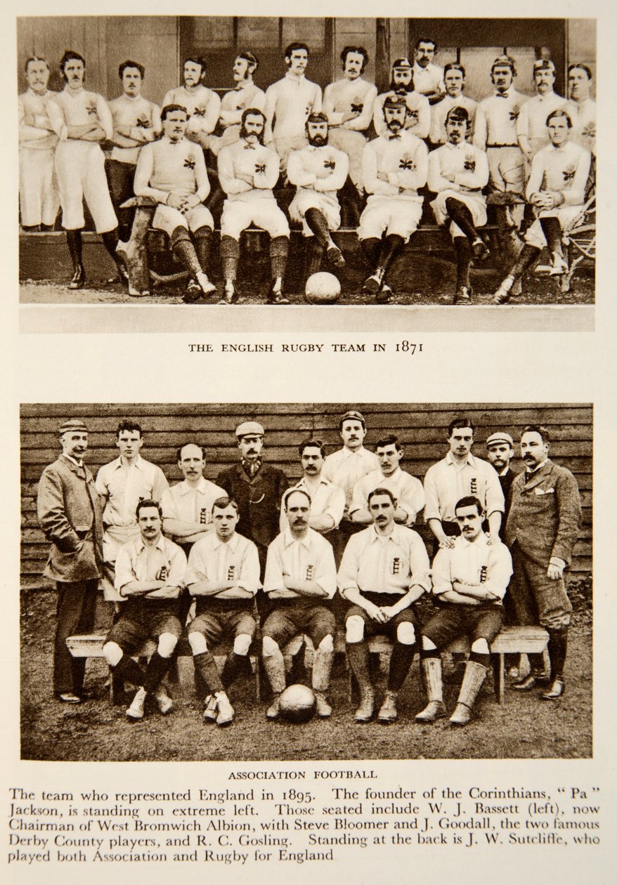 A equipa inglesa de râguebi em 1871 e os representantes do Football Association em 1895, fotografias do The Times (fotogravura) de English Photographer