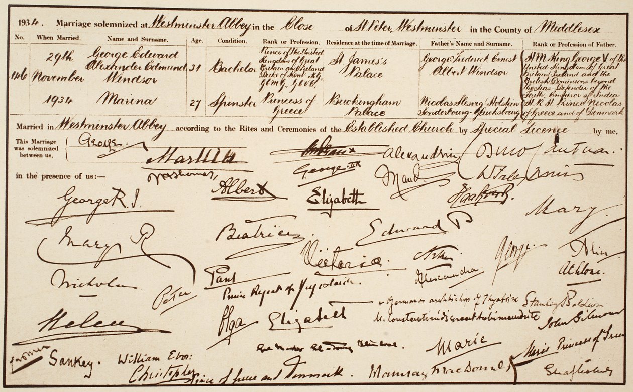 A certidão de casamento do duque e da duquesa de Kent, 29 de novembro de 1934 de English Photographer