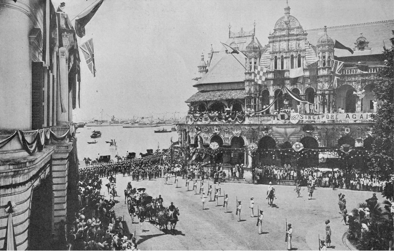 A chegada do duque e da duquesa da Cornualha e York em Cingapura, ilustração do rei, 25 de maio de 1901 de English Photographer