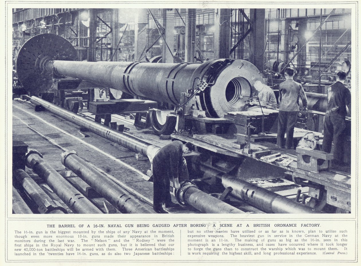 O cano de uma arma naval de 16 polegadas sendo aferido depois de chato, de The Illustrated War News, publicado em 8 de novembro de 1939 de English Photographer