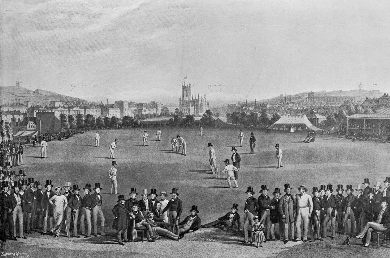 O jogo de críquete entre Sussex e Kent em Brighton, de uma cópia originalmente publicada em 1849, de Famous Cricketers and Cricket Grounds, publicado por Hudson and Kearns, 1895 de English Photographer