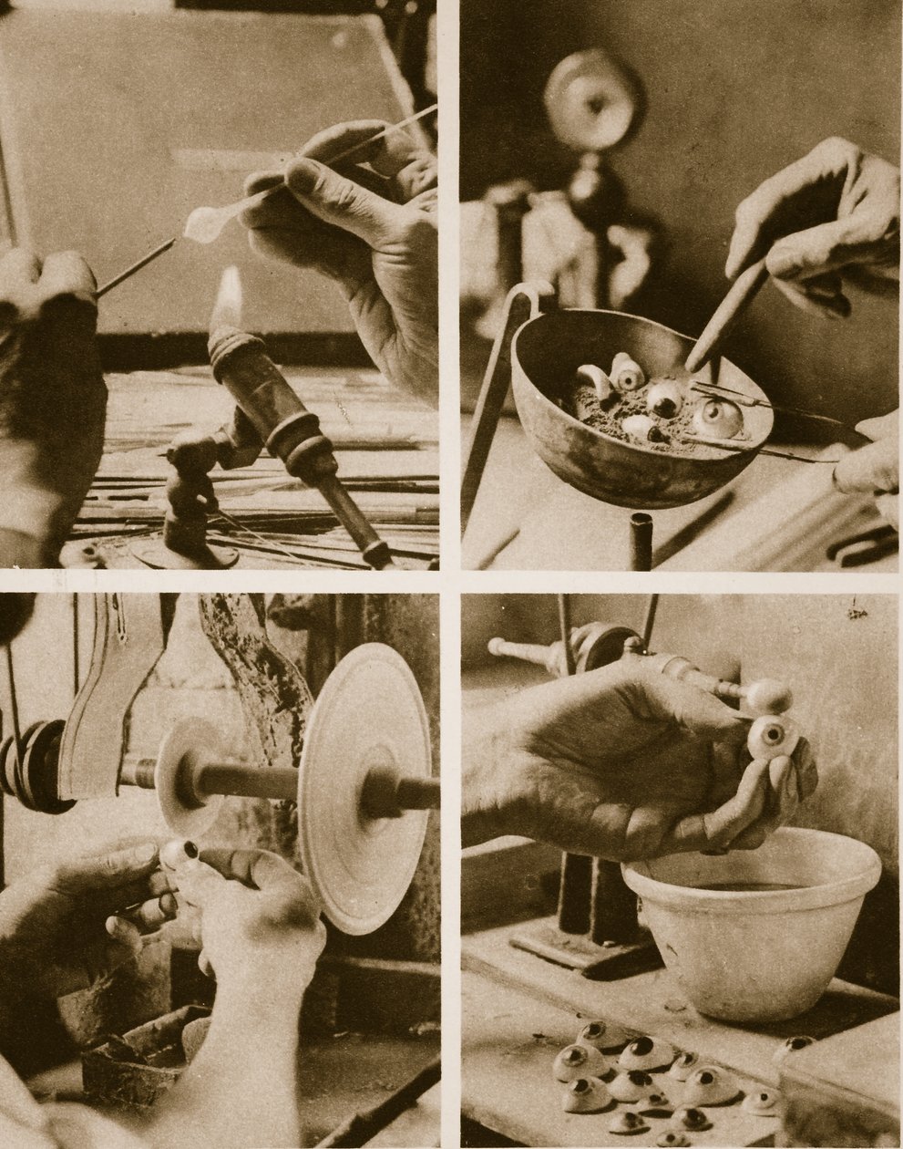 O processo de fazer bolas de olho de vidro colorido para os soldados que voltaram da Primeira Guerra Mundial (foto sépia) de English Photographer
