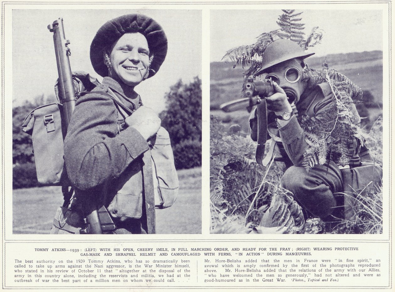 Tommy Atkins, com sorriso alegre e em plena marcha, com máscara de gás protetora e camuflagem, pronto para a briga, de The Illustrated War News, publicado em 8 de novembro de 1939 de English Photographer
