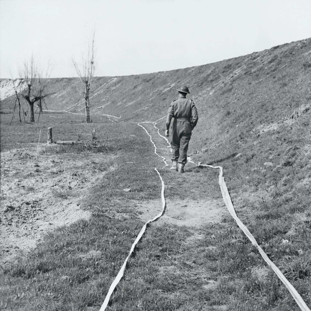 Fita branca marcando faixas claras através de um campo minado, junto ao rio Senio, Itália, março de 1945 de English Photographer