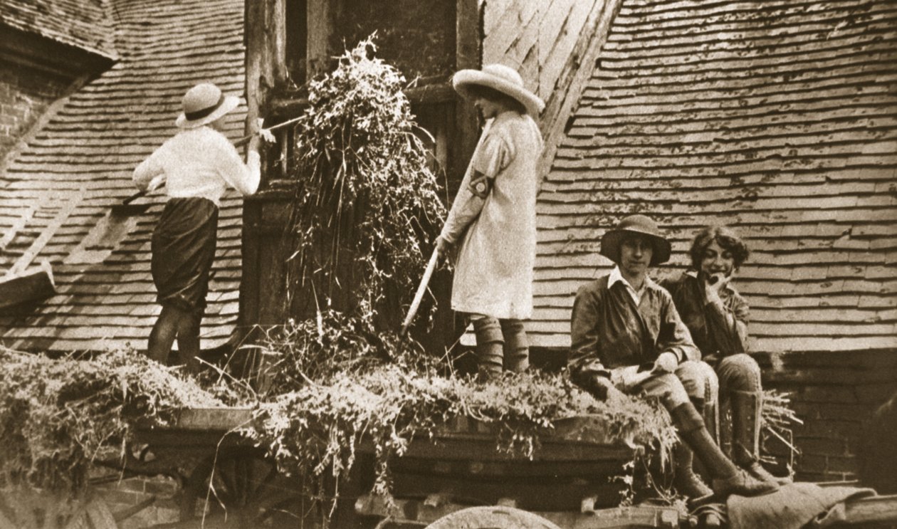 Mulheres na terra: algumas cenas interessantes em Evesham, do The Illustrated War News, 21 de junho de 1916 (foto sépia) de English Photographer