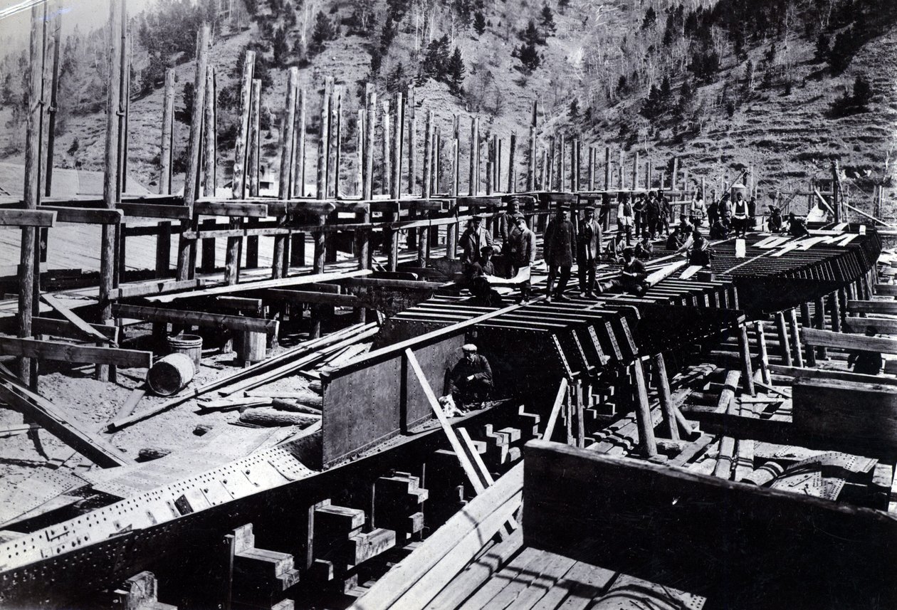 Quintal não 647, Baikal. Mostrando, a, gelo, quebrando, trem, balsa, steamer, baikal, construção, em, lago baikal, 1896 de English Photographer