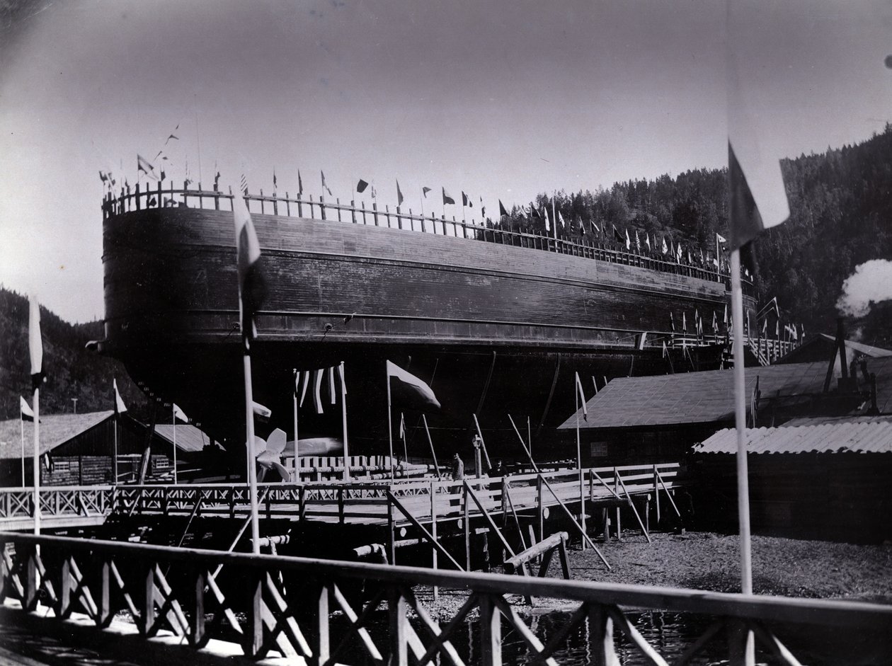 Quintal não 647, Baikal. Mostrando, a, gelo, quebrando, trem, balsa, steamer, baikal, pronto, para, lançamento, em, lago baikal, 1896 de English Photographer