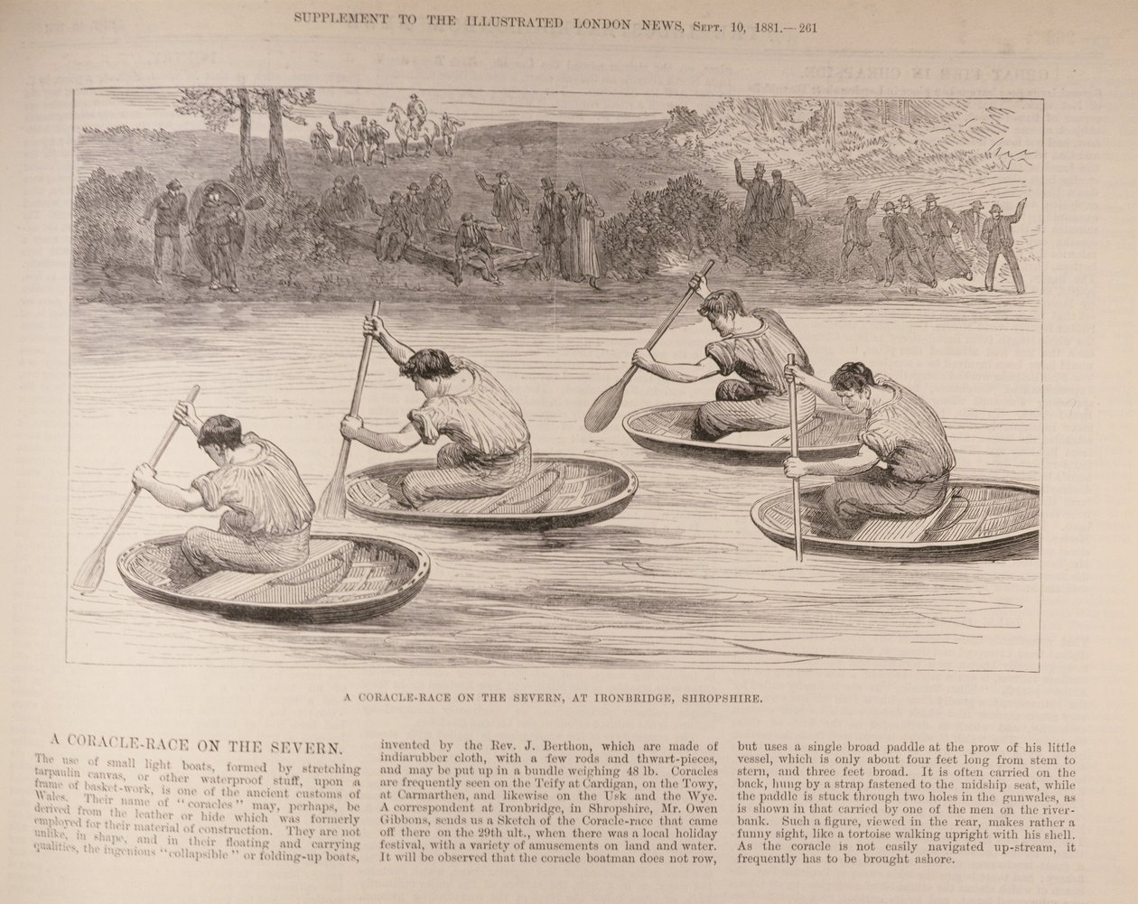 Uma Corrida de Coracle no Severn em Ironbridge, Shropshire, de &39;The Illustrated London News&39;, 9 de outubro de 1881 de English School