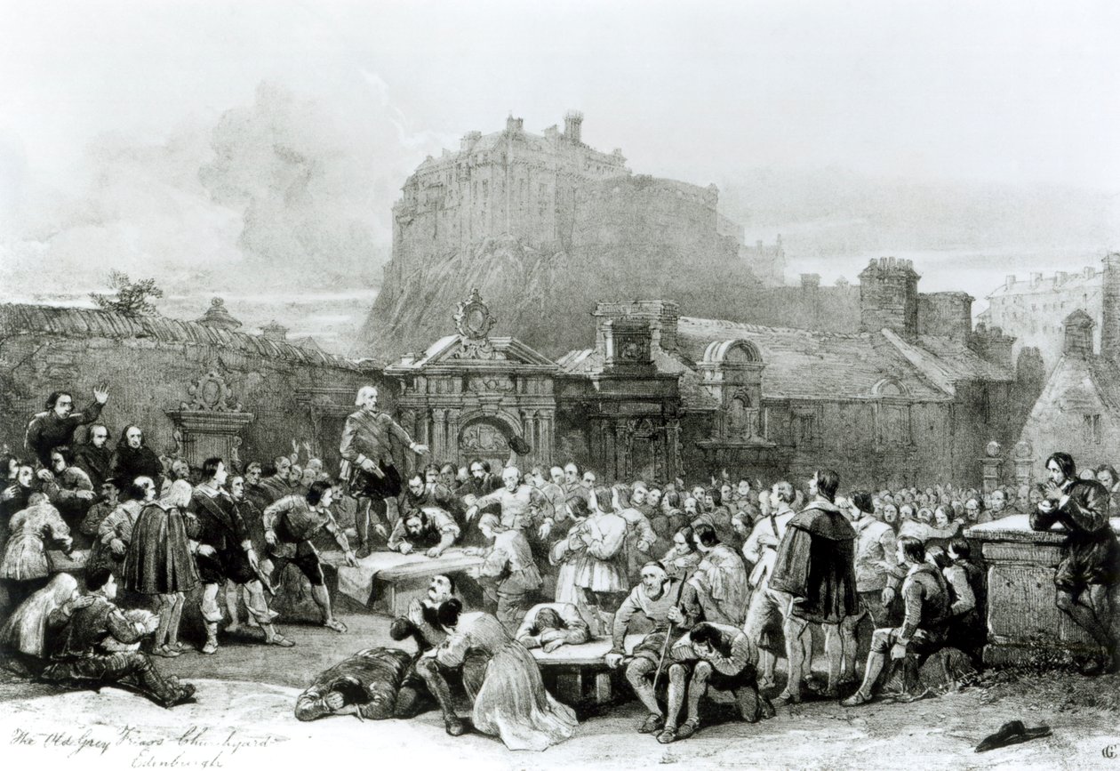 Multidão filas para assinar o Pacto Nacional em frente ao Churchyard de Grey Friar, Edimburgo em 1638 de English School