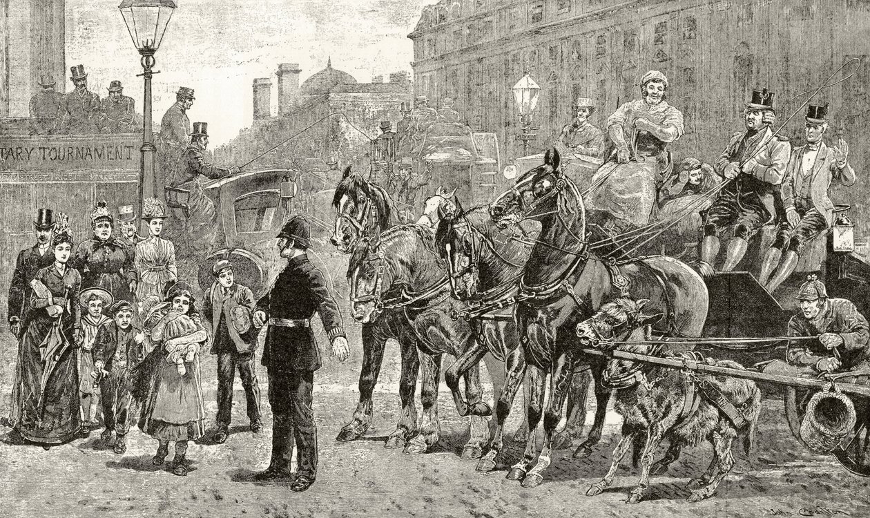 Um cruzamento lotado em uma rua de Londres, de &39;London Pictures: desenhado com caneta e lápis&39;, pelo Rev. Richard Lovett, publicado em 1890 de English School