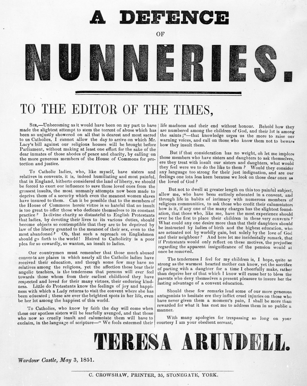 A Defense of Nunneries de Theresa Arundell, 1851 (papel impresso) de English School