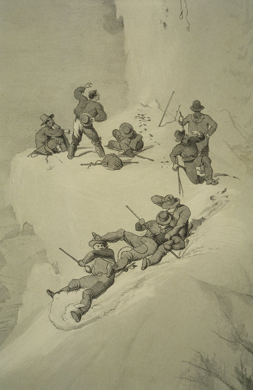 Uma queda na subida, a partir de dez cenas na última subida do Mont Blanc, incluindo cinco vistas da cimeira, por JDH Browne, publicado em 1853 de English School