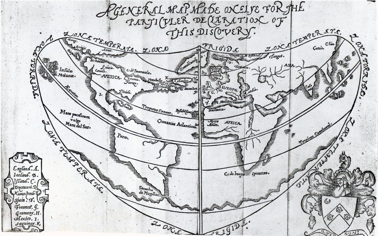 Um mapa geral, de "Um discurso de uma descoberta para uma nova passagem para a Cataia", escrito por Humphrey Gilbert (c.1539-83) de English School
